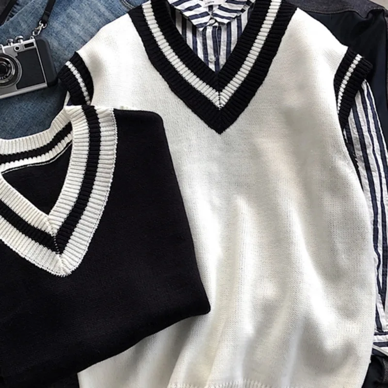 Autumn Vest Sweater Men Fashion Contrast Color Casual Knit Sweaters Vest Man Streetwear Loose Sleeveless Sweter Vest Clothes