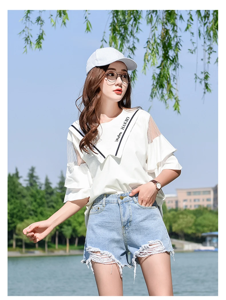 359# черные Рваные джинсовые шорты для фотосессии, женские летние свободные трапециевидные шорты в Корейском стиле с высокой талией для похудения