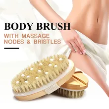2 in 1 Body Bath Massage Brush Soft Bristle Oval Wooden Shower Brush with Grip Strap