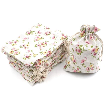 

50Pcs Floral Burlap Drawstring Bags, Linen Gift Bag Packing Storage Linen Jewelry Pouches Sacks for Christmas Wedding Party Show