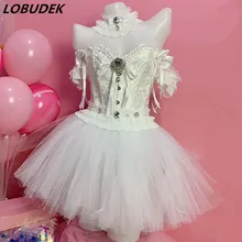 Для женщин певица прекрасный сценический костюм белый жемчуг кристаллы топы сетки светодиодный мини-юбка комплект из 3 предметов бар клуб Вечеринка День Рождения Шоу