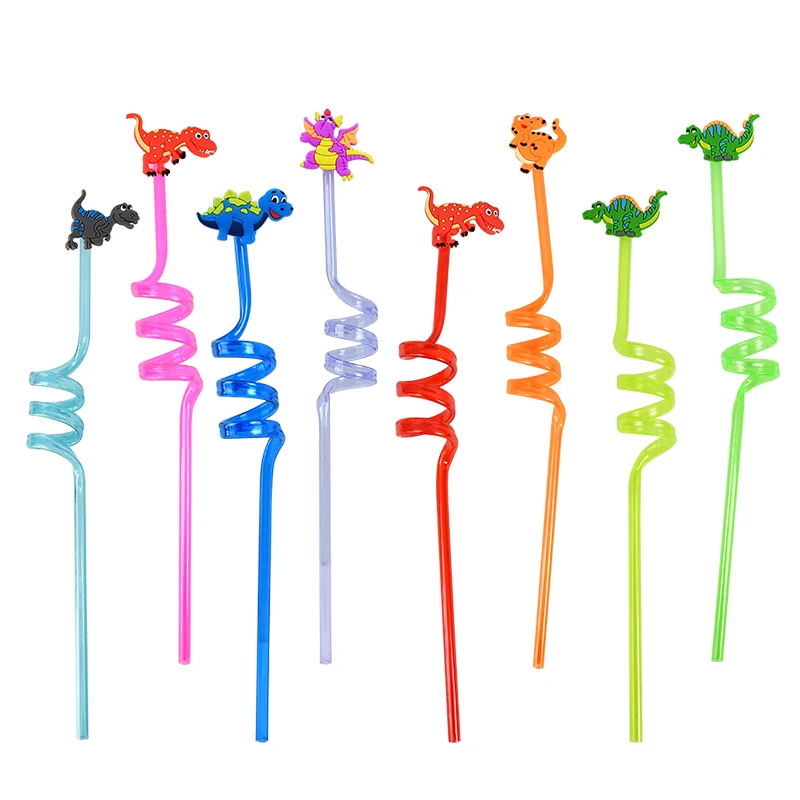 8Pcst Cartoon Dinosaur Drinking Straws Reusable Plastic Straw For Kids Birthday Bar Plastic Juice Drinking Straw Party Supplies