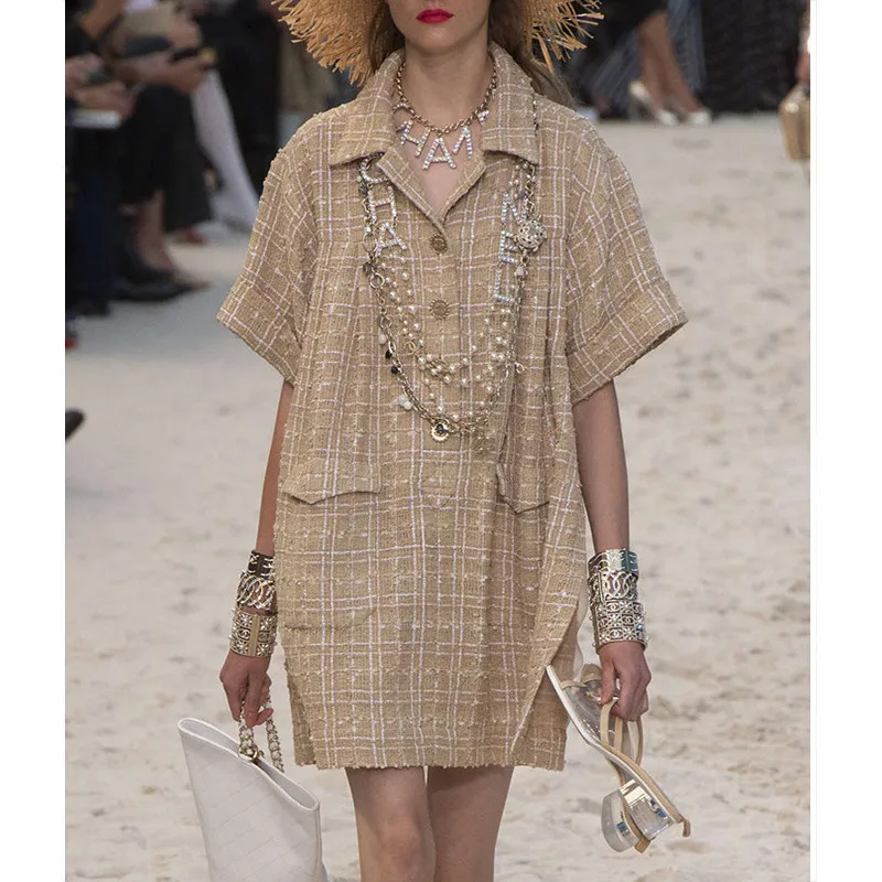 

2020 New Arrival Runway Shirt Dress Luxury Designer High Quality Vintage Plaid Ladies Short Sleeve Mini Dress Plus Size XXXL