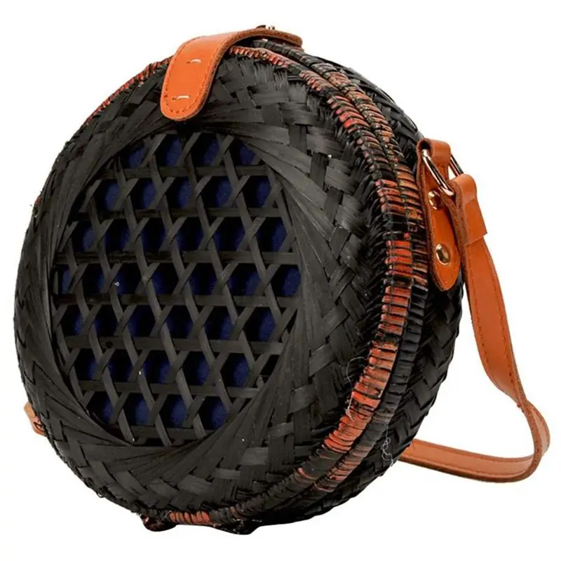 

Handmade Vintage Fashionable Bamboo Straw Woven Bag Round Bohemia Style Beach Bag Diameter 20cm, Complete the Look of Your Summe