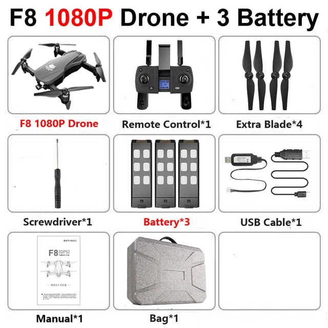 F8 gps Дрон с камерой 4K 1080P HD двухосевой антивибрационный самостабилизирующийся шарнир RC Дрон wifi FPV складной Квадрокоптер бесщеточный - Цвет: 1080P 3Battery Bag