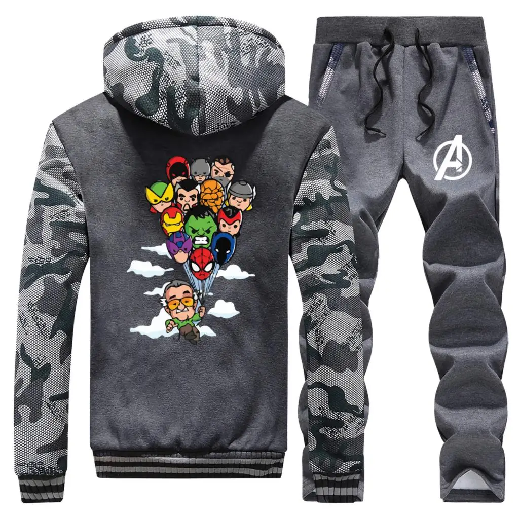 Marvel The Avengers Mens Hooded Fashion Streetwear Winter Hot Sale Camoufalge Coat Thick Suit Warm Jackets+Pants 2 Piece Set