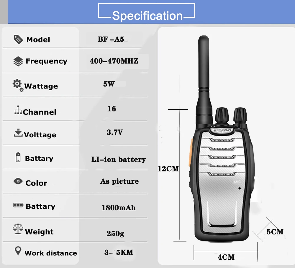 Мини Baofeng BF A5 Walkie Talkie 5 Вт ручной 400-470 МГц 16 каналов двухстороннее радио портативная станция коммуникатор