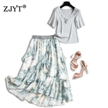 

High Fashion Summer Skirt 2 Piece Suit Set Women 2020 New Designers Short Sleeve Peals Knitted Top and Chiffon Skirt Sets