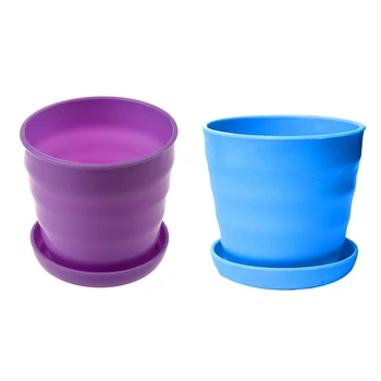 

2 Pcs Plastic Round Flower Plant Pot Planter Holder with Tray Home Office Garden Decor Purple & Blue