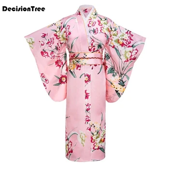 

2020 pink japanese women tradition yukata silk rayon kimono with obi flower vintage cosplay costume evening dress one