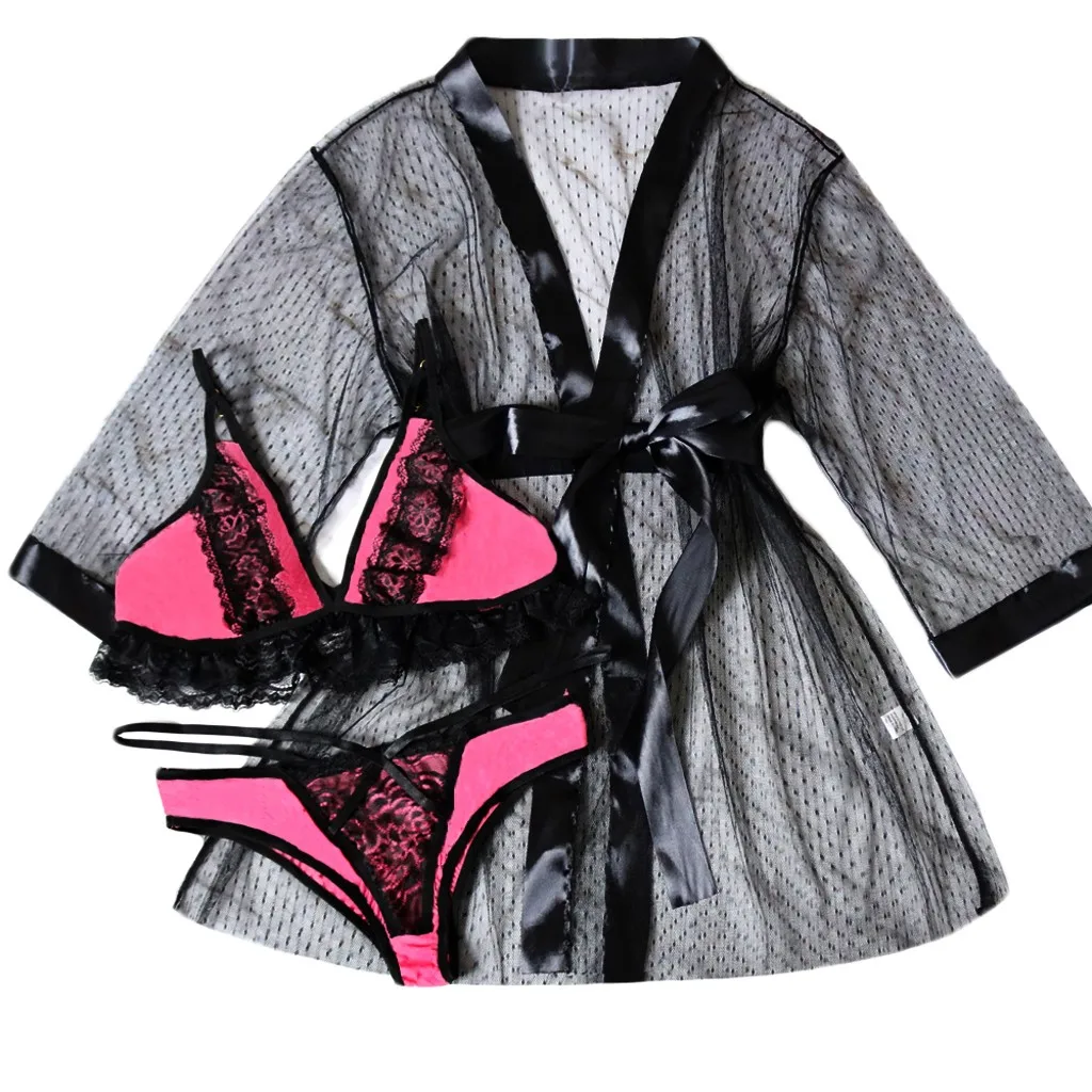 3 шт., новинка, женский бюстгальтер+ стринги+ халат, сексуальное нижнее ...