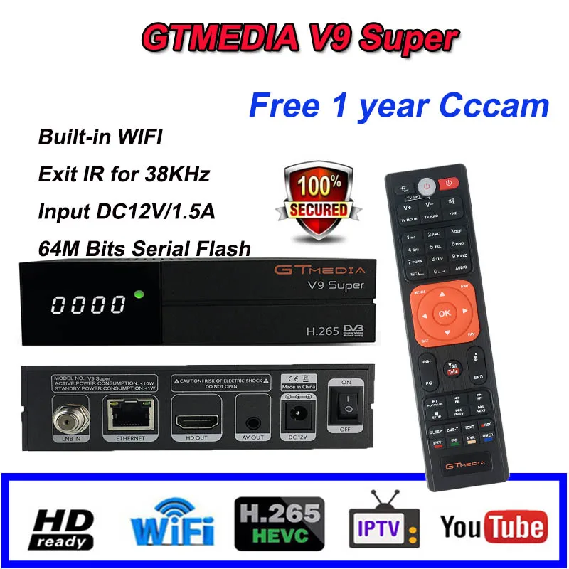 

DVB-S2 GTMEDIA V9 Super satellite TV Receiver USB 2.0 Built-in WIFI freesat v9 free 1 year Spain cccam tv box Same as GTMEDIA V8