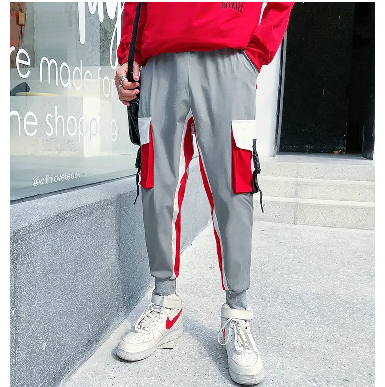 Grey Red Красивые спортивные штаны в западном стиле Харадзюку, мужские повседневные полосатые штаны с несколькими карманами, модные мужские штаны в стиле хип-хоп, штаны-шаровары, брюки - Цвет: Grey Red