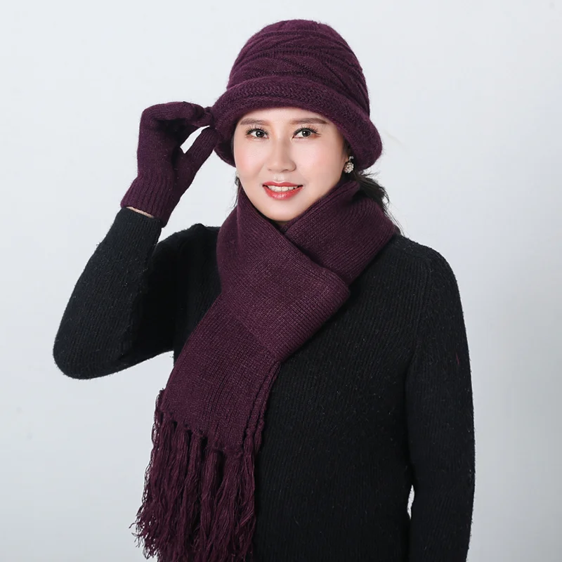 Middle-aged Lady Hat Autumn Warm Wool Mixed Warm Hat Woolen Cap Middle Age Mother Grandmother Knitted Hat scarf gloves Hat - Цвет: 2