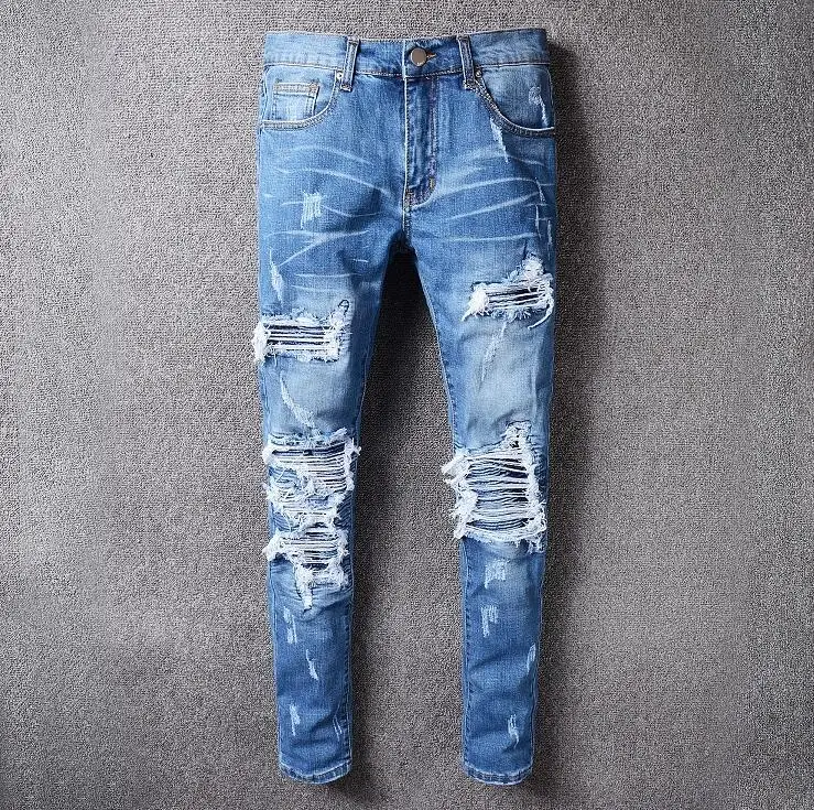 New men's fashion hole blue hip hop jeans Korean men's slim large size jeans men's trousers
