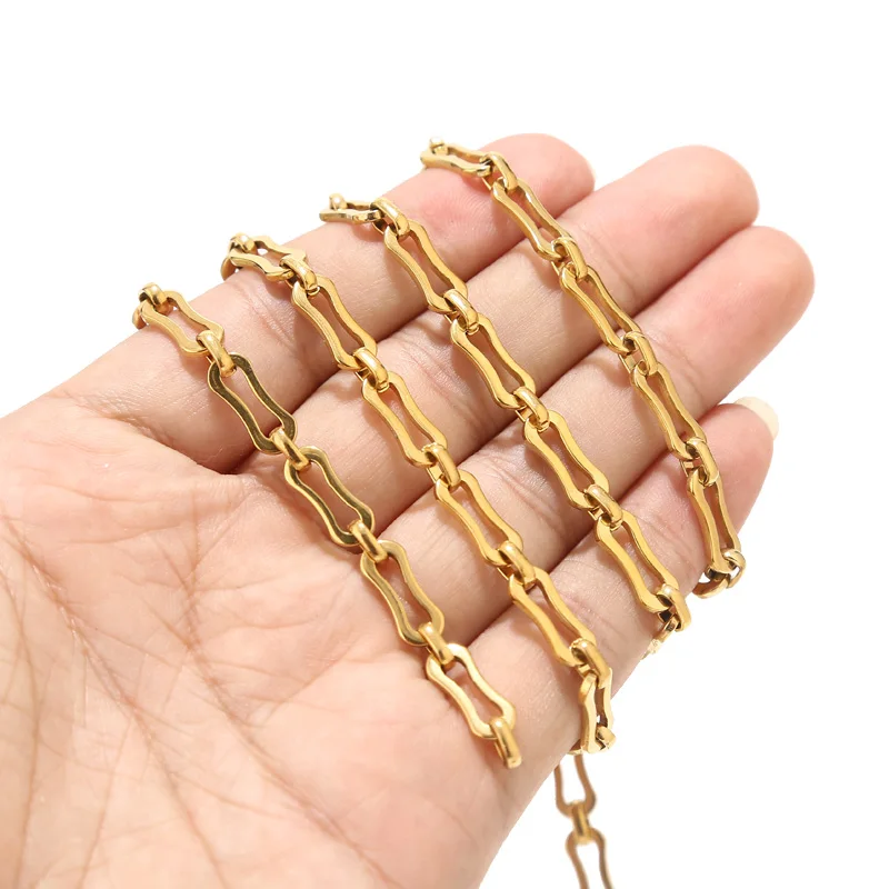 

1M Stainless Steel Charm Gold Plated 6mm Width Chains Flat Hollow Bone Shaped Chain for DIY Jewelry Necklaces Making Findings