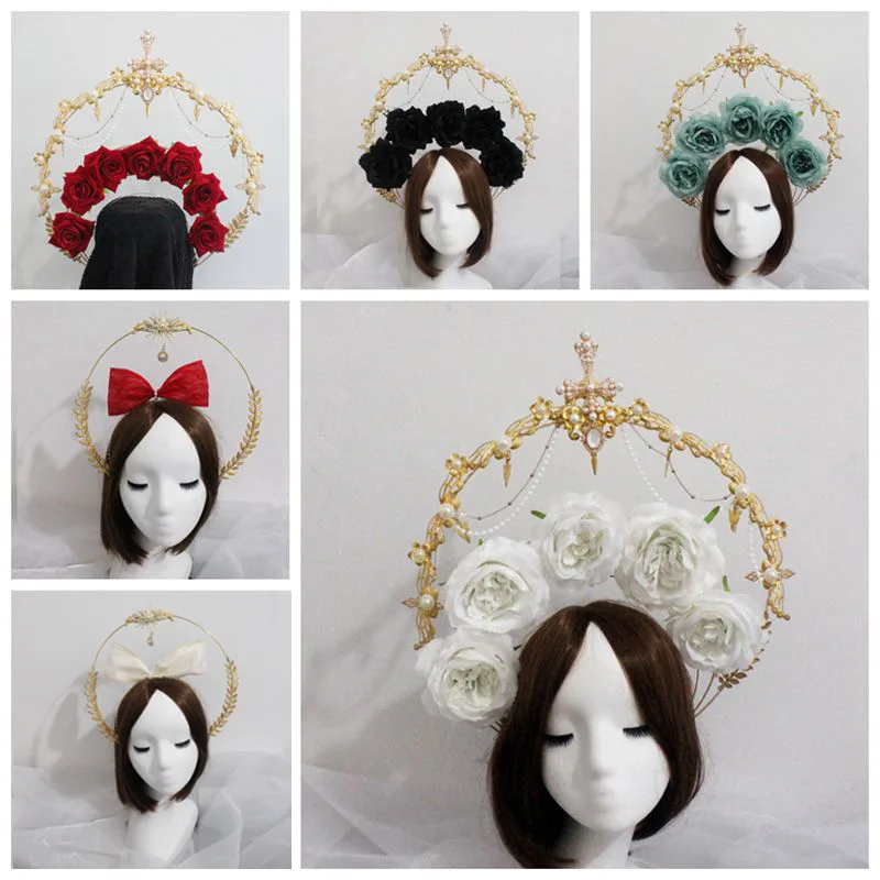 

Vintage KC Headband Gothic DIY Material Flower Gold Halo Goddess Headpiece Lolita Angel Virgin Mary Tiara Headwear