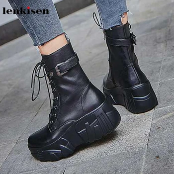

Lenkisen platform genuine leather boots belt buckle round toe high heels lace up side Zipper winter warm women ankle boots L42