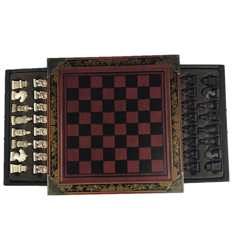 Wooden Chess Chinese Retro Terracotta Warriors Chess Wood Carving Resin Chessman Christmas Birthday Gift