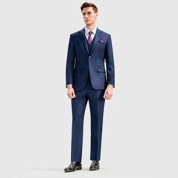 

Men's suit blue gentleman men's business casual suit three-piece jacket + pants + vest wedding banquet formal dress custom made