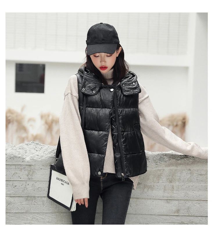 Women Vest Winter Korean Fashion Short Glossy Down Cotton Padded Vests Coat Casual Hooded Sleeveless Jacket Waistcoat