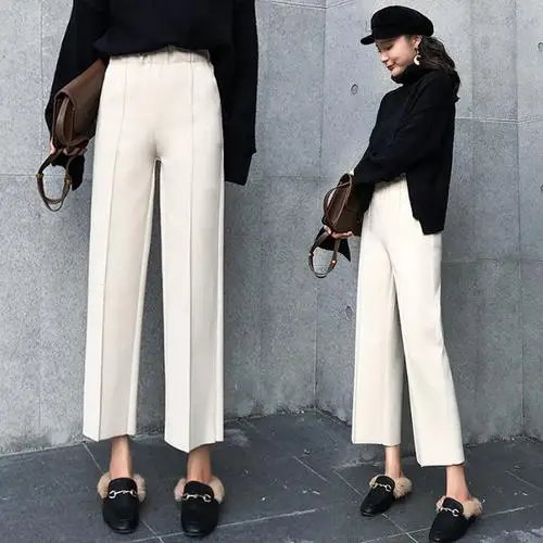 Горячая Распродажа осенние и зимние корейские женские классические широкие брюки с высокой талией женские модные тонкие однотонные плотные брюки - Цвет: Белый
