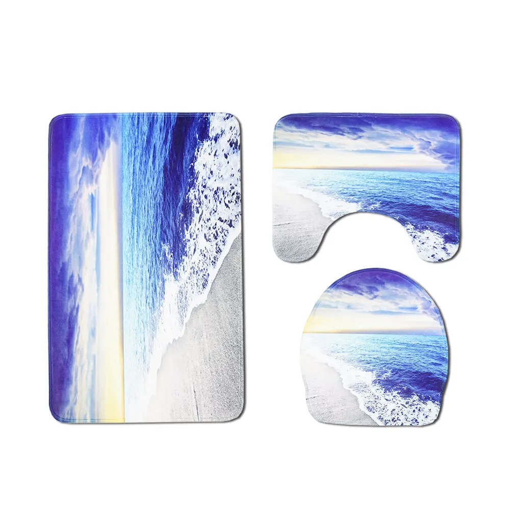 Zeegle Sea Wave Printed Carpet Bathroom Flannel Cover Toilet Bath Mats Set Anti-slip Bathroom Mat Toilet Rugs Shower Room Rug