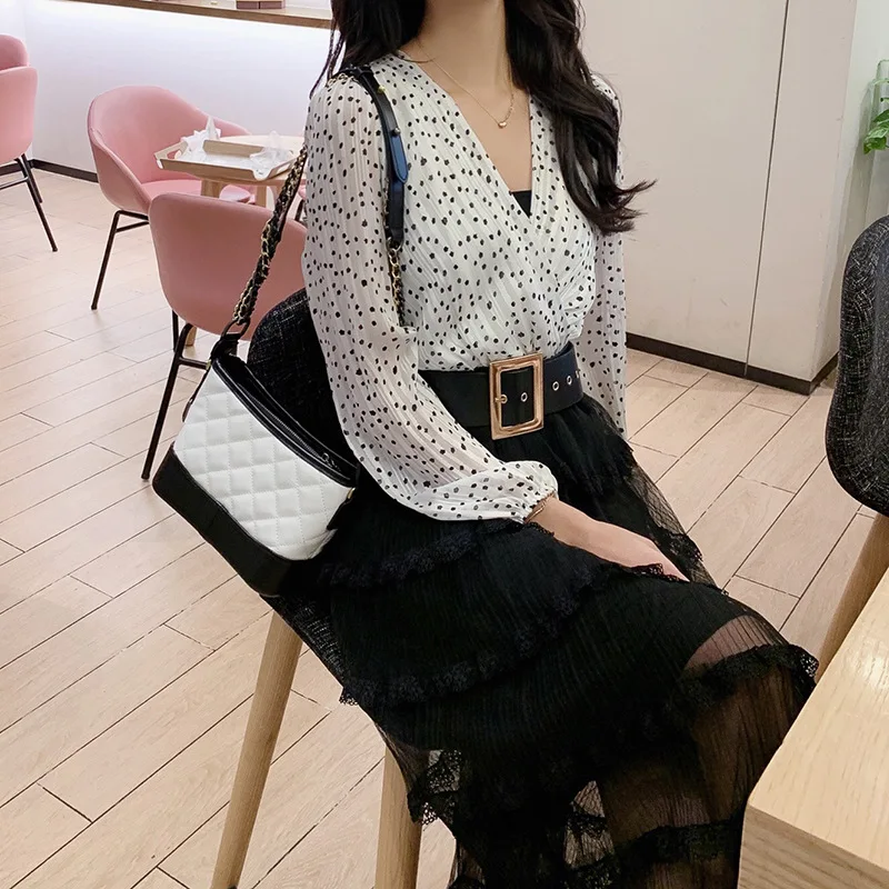 

2019 Dress Women's Spring Elegant V-neck Long Sleeve Joint Gauze Mock Two-Piece Cake Dress Long Women's F5745