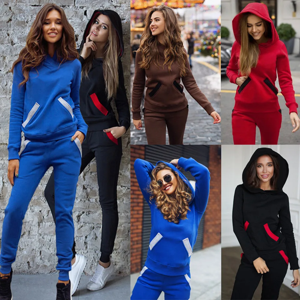 

2020 Fashion Sexy Autumn Winter Women Tracksuits Outfits Big Hat Sweatshirts Slim Full Pants Piece Set Pockets Fine Female Set