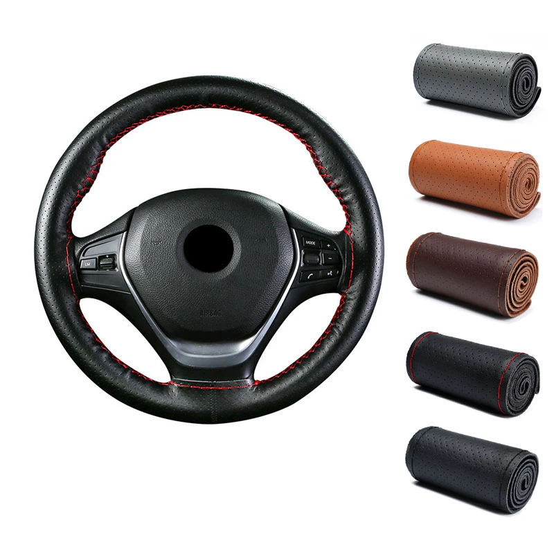 

Braid On Car Genuine Leather Steering Wheel Cover In Steering Covers For Car Anti Slip DIY With Needles And Thread Car Styling