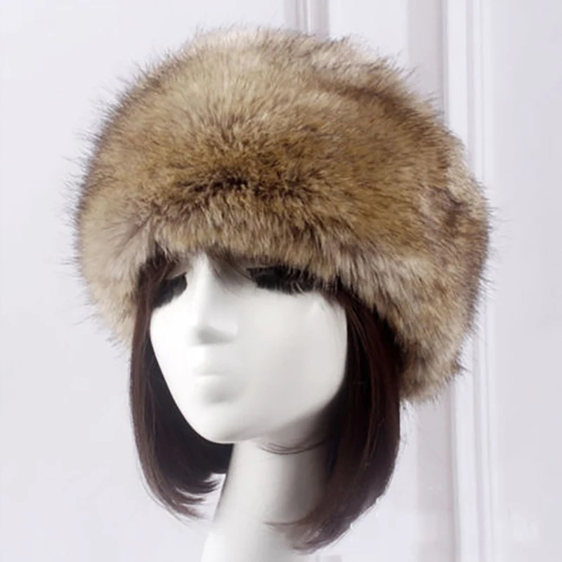 Light Brown Ski Hat Snow Cap Cossack Fluffy Outdoor Mutil Color Faux Fur Earmuffs Ushanka Women Russian Warmer Ear Headband - Цвет: Light Brown