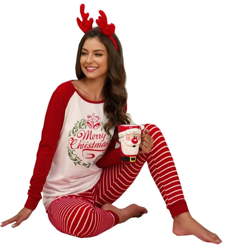 

Women Xmas Letter Print Raglan Sleeve Christmas Party Striped Nightwear Pyjamas