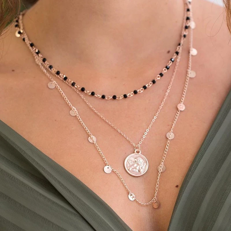 

Tocona Vintage Gold Chain Sequins Statue Wafer Black Beads Crystal Multilayer Necklace for Women Boho Coin Choker Jewelry 8263