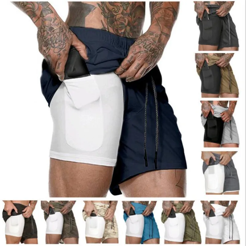 

Men 2 in 1 Running Shorts Jogging Gym Fitness Training Quick Dry Beach Short Pants Male Summer Sports Workout Bottoms Clothing