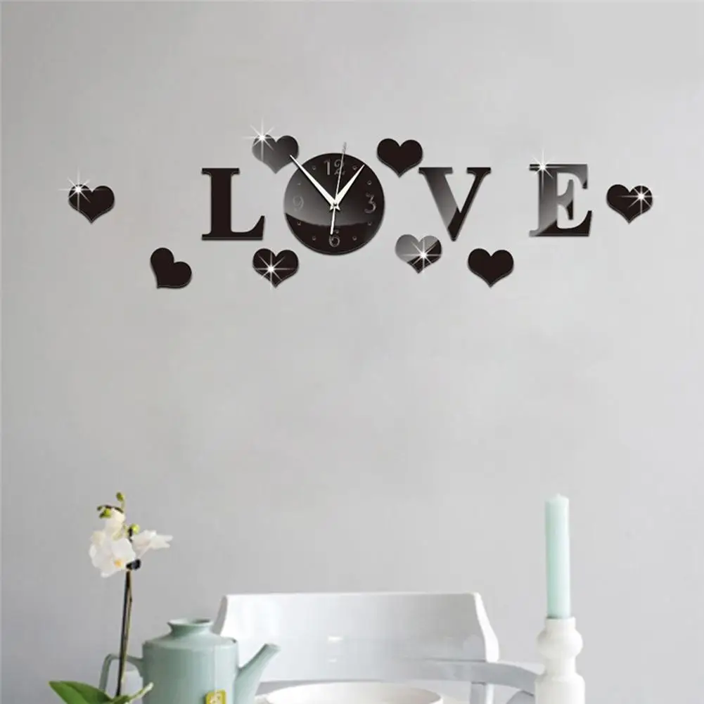 cheap Mirror Effect 3D Love Heart Wall Clock Sticker DIY Analog Home Art Hanging Decor for Kids Room Decorating