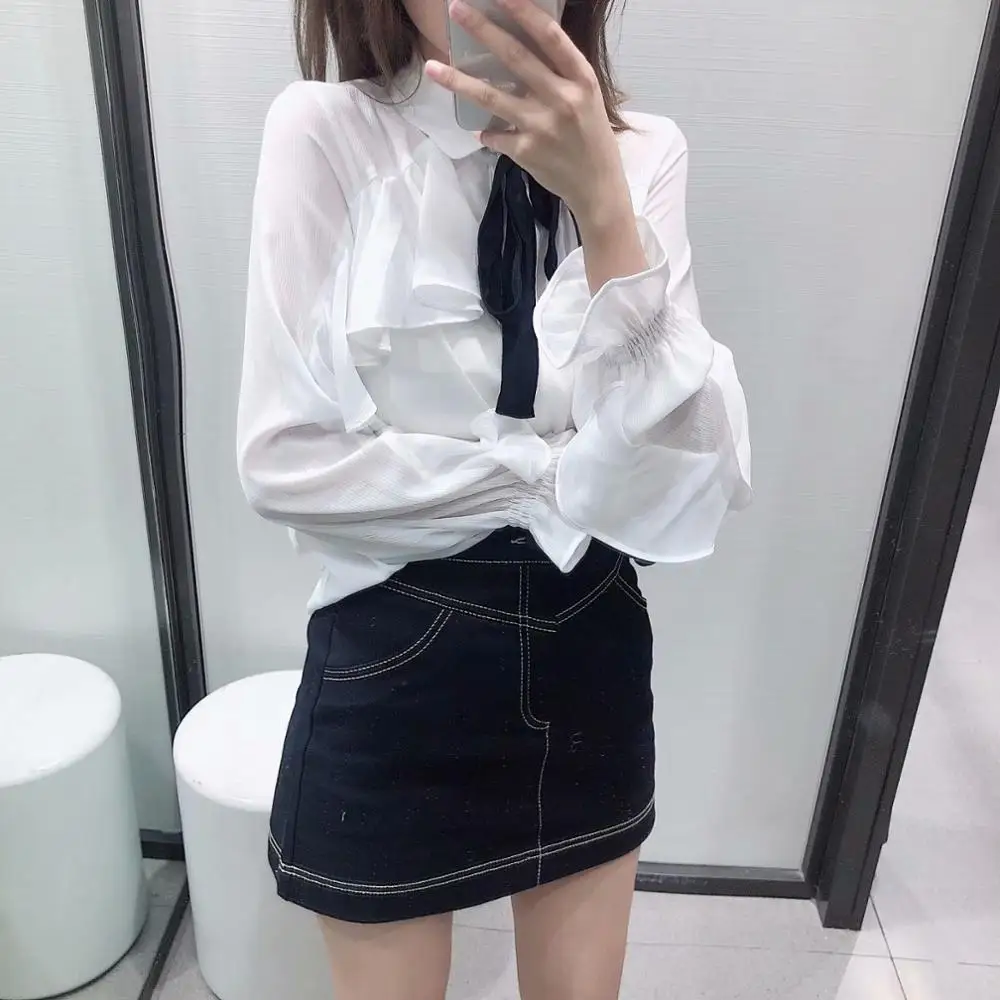Английская женская шифоновая блузка blusas mujer de moda с галстуком-бабочкой, каскадная рубашка, кимоно, блузка, офисная одежда, женские топы
