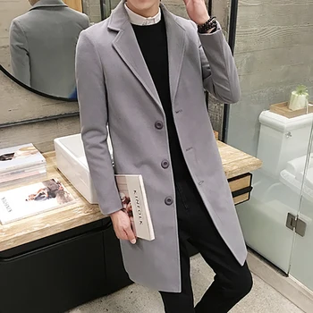 

2020 Grey Tweed Long Coats Men Fall Winter Fashion Casual Suit Jacket Mens Overcoat Male Outerwear