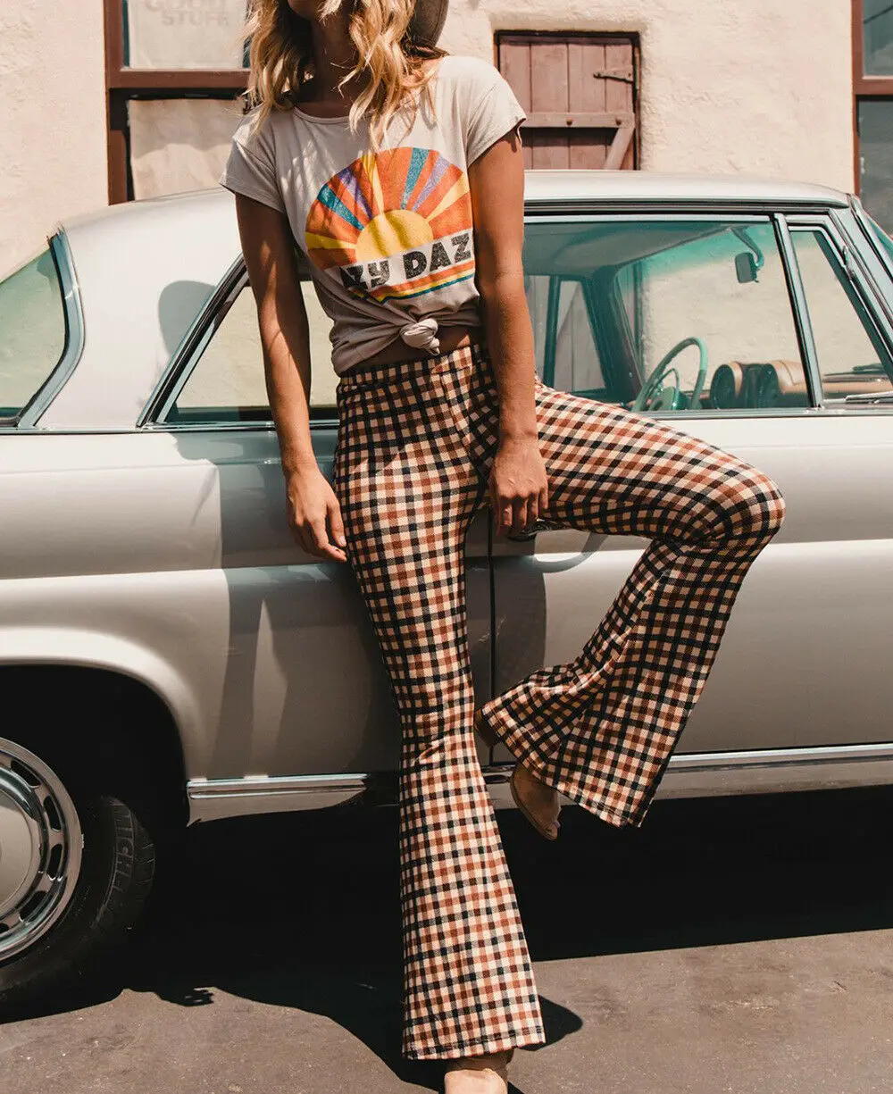 

Vintage Plaid Women Girls High Waist Bell Bottom Long Flare Pants Stretch Boho Hippie Bell-Bottom Pants