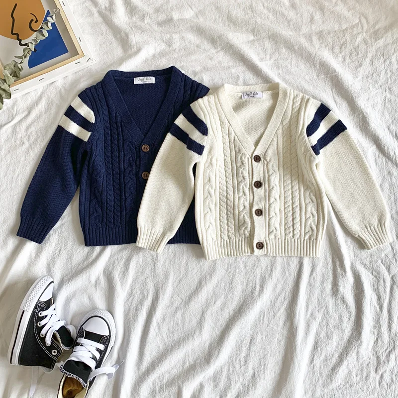 

Autumn Winter Baby Boys Cotton Cardigan Sweaters Children Striped Sweater Preppy Singe Breasted Coat Kids Cotton Kids Clothes