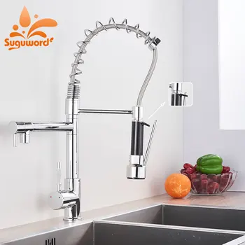 

Chrome or brushed nickel Kitchen Spring Faucet Deck Mount Hot cold Mixer tap pull dowm spout with Ring 360 Degree Rotation