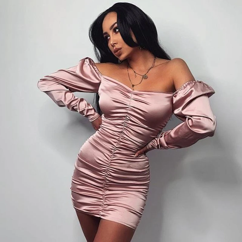 Summer Sexy Mini Dress Slim Skinny Off shoulder Long Sleeve stretchy bandage Bodycon Party Club Backless Frill Dresses Vestidos