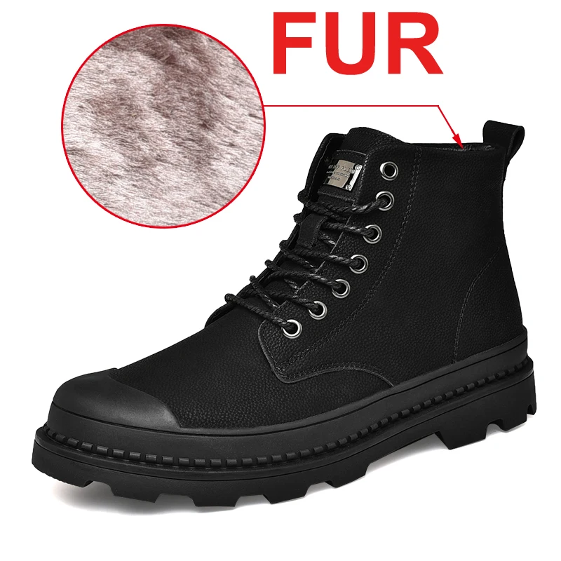 black fur Черные Теплые зимние мужские ботинки; ботильоны из натуральной кожи; Мужская зимняя Рабочая обувь; мужские зимние ботинки на меху в стиле милитари; Botas - Цвет: black fur