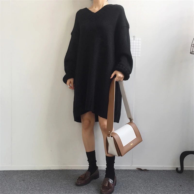 BGTEEVER повседневное свободное женское платье-свитер с v-образным вырезом трикотажное осенне-зимнее платье миди женское платье с длинным рукавом Джемперы платье - Цвет: black