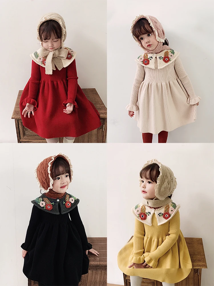 

Girls Long Sleeve Fashion Sweater Dresses Autumn 2019 New Children Pleated Solid Color Cotton Knitted Princess Dress Kids Cloth