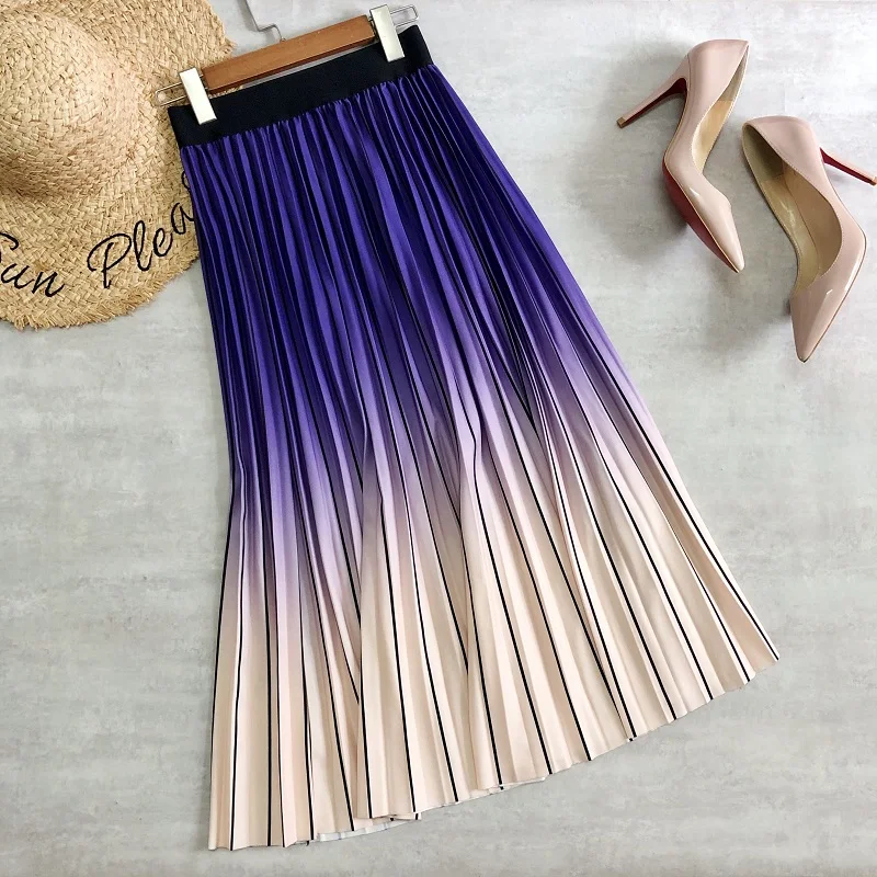 

2020 Women Midi Skirts Gradient Color Striped Printing Pink Long Jurken High Waist Korean Casual Style A-line Girls Daily Skater