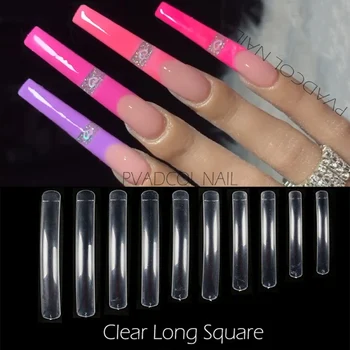 

10pcs Extra Long Square Full Cover Fake Nails Clear Transparent False Nail Tips Acrylic UV Gel Salon Manicure Tool Set