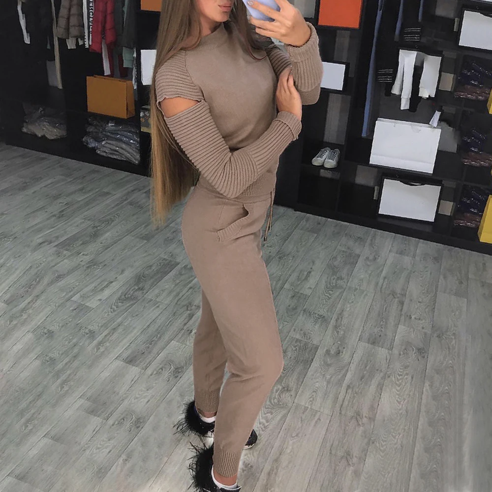 Sfit Women sweater suits diamond knitted suit open shoulder sleeve jumper tops and pants women two piece sets Ladies Casual Suit