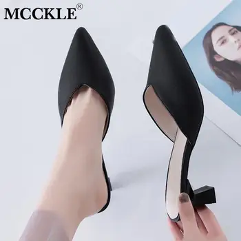 

MCCKLE Women's Mules Slippers Ladies Mid Heels Soft Pu Leather Woman Pointed Toe Slides Women Hot Summer Outdoor Shoes 2020 New