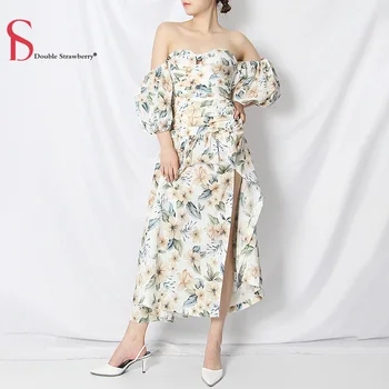 

Double Strawberry Summer New Fashion Women's Sexy One-shoulder Puff Sleeve Printed Holiday Split Party Retro long Dress