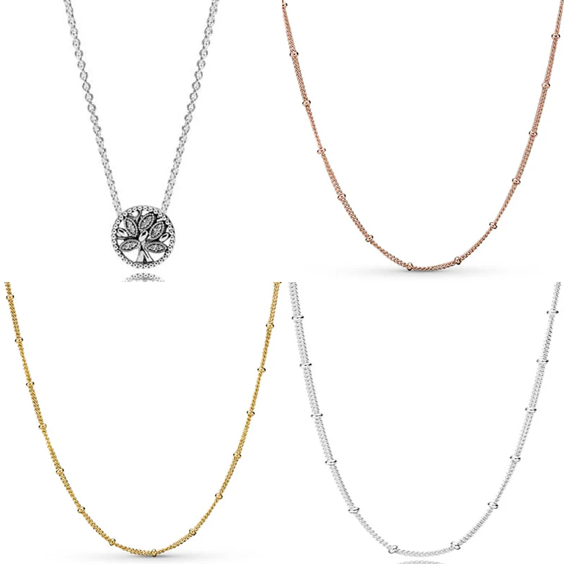 

Tree Of Life Rose Gold Shine Silver Beaded Chain Necklace For Women Europe Jewelry 925 Sterling Silver Necklace